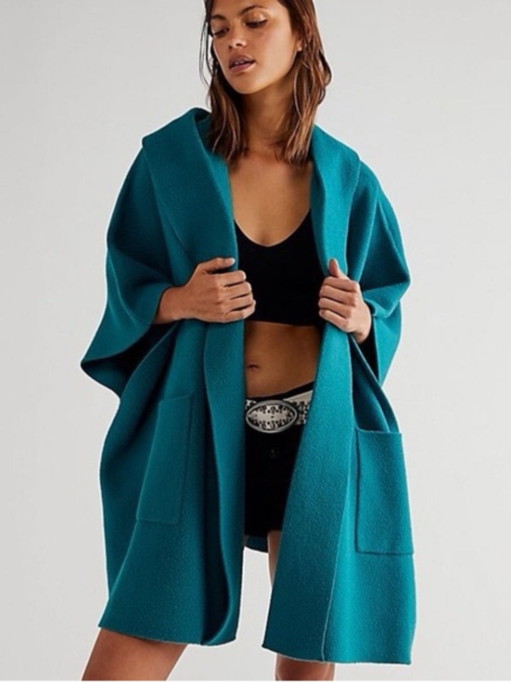 Free People Teal Aqua Hooded Cape Poncho Oversized Knit one size